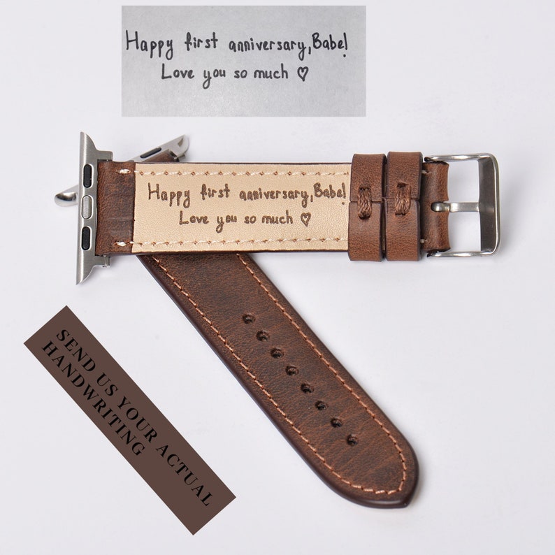 May include: Brown leather Apple Watch band with a personalised message that reads "Happy first anniversary, Babe! Love you so much."