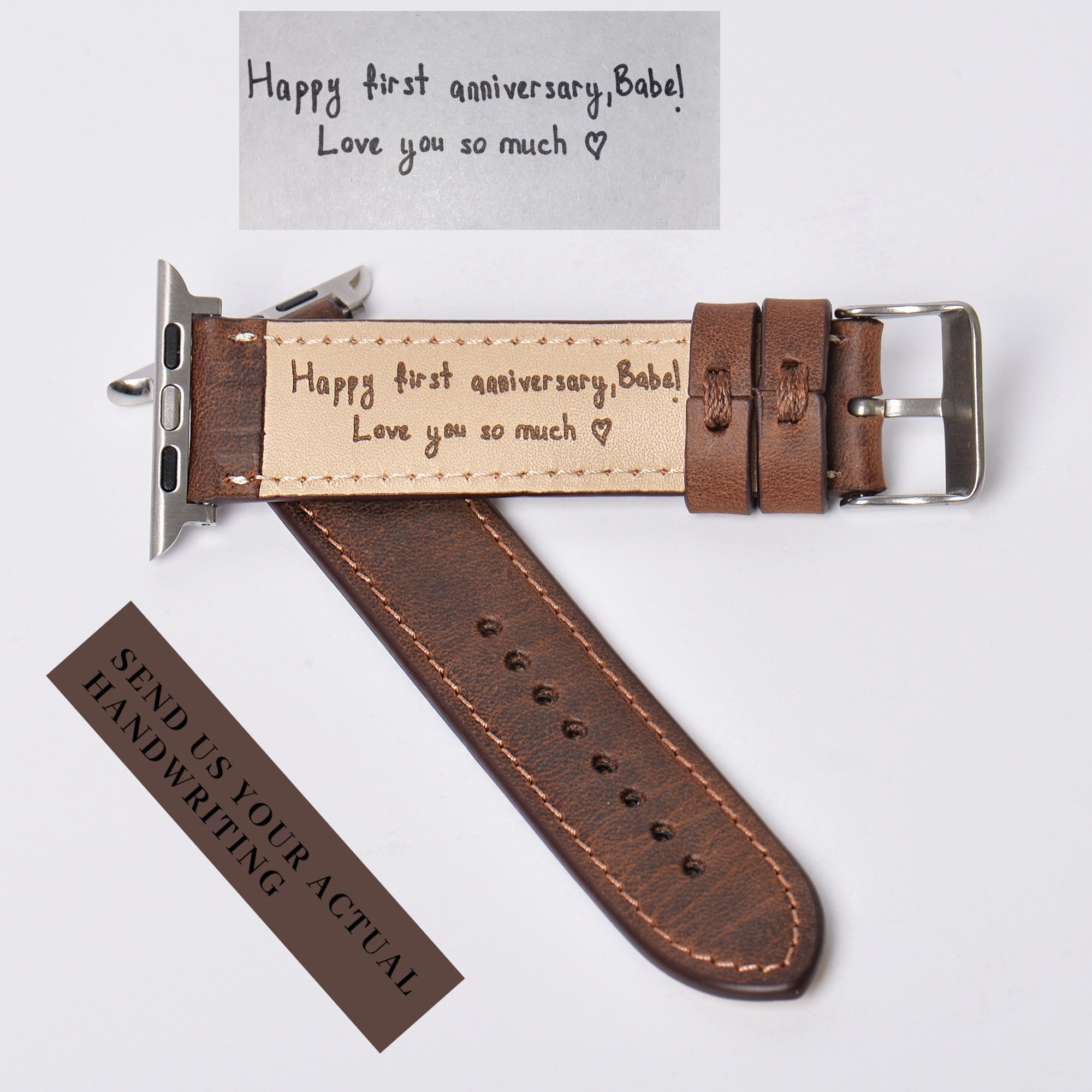 Vatertagsgeschenk vom Sohn, Apple Leder Uhrenband, personalisiert, Ihre Handschrift eingraviert, Geschenk für Ehemann, Jubiläumsgeschenk, Geschenk für Ihn