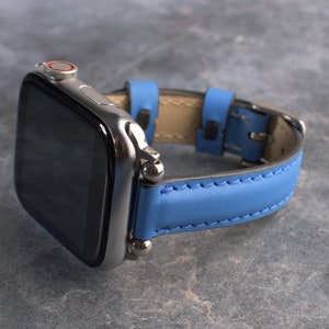 Neon Blue Slim Leather Apple Watch Band for Women, Personalized Watch Strap, Gift for Mom, Gift for Wife, Anniversary Gift, Christmas Gift