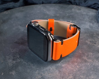 Orange Leather Apple Watch Band, Engraved Watch Straps, Best Gift for Christmas, Gift for Wife, Best Anniversary Gift, Gift for Her