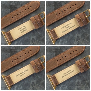 May include: Close-up of four brown leather watch bands with gold-colored clasps. Each band has a different engraved message: "I love you, more than anything!", "I will LOVE you Today, Tomorrow & Forever", "Forever and Always my love", and "I love you to the moon and back".