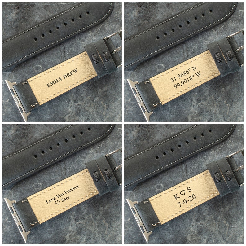 K&ouml;nnte beinhalten: Vier verschiedene Apple Watch-Armb&auml;nder mit personalisierten Gravuren. Die Armb&auml;nder sind aus schwarzem Leder mit wei&szlig;en N&auml;hten und einer silbernen Schlie&szlig;e. Die Gravuren beinhalten "Emily Drew", "31.9686&deg; N 99.9018&deg; W", "Love You Forever &hearts; Sara" und "K &hearts; S 7-9-20".