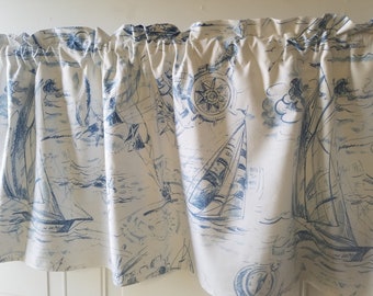 Blue White Nautical Coastal Map Boat Ship Anchor Seashore Beach Curtain Valance