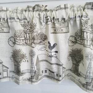 Farmhouse Rooster Barn Window Treatment Panels Kitchen Curtain Vintage Rustic Valance 42&#39;W