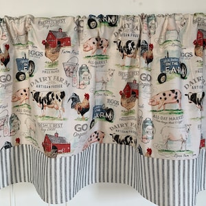 Black ticking Dairy Farm Animals Farmhouse Gift for Her Dining room Kitchen Valance Curtain 42w