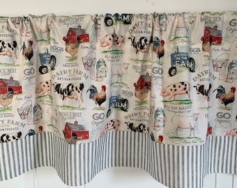 Black ticking Dairy Farm Animals Farmhouse Gift for Her Dining room Kitchen Valance Curtain 42w