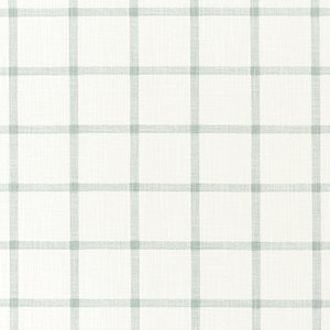 May include: White fabric with a light green plaid pattern. The fabric has a subtle texture and is perfect for upholstery or crafting projects.