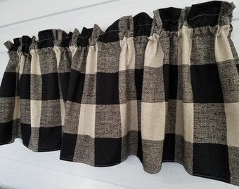 Buffalo Check Linen Valance: Black and Tan Farmhouse Curtain