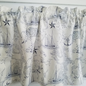 Nautical Map  Navy White Anchor Ship Seashore Beach House Custom made 42&quot; Valance Curtain