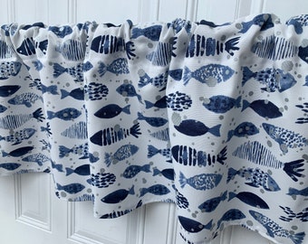 Navy Nautical Fish Valance, Beach House Decor, 52" Wide