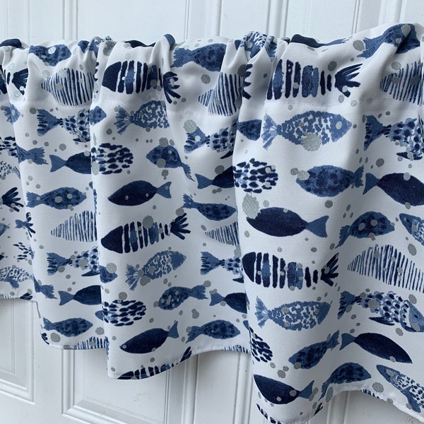 Navy Nautical Beach House Blue Silver Fish  Panels Custom made  Nautical Theme Sea 52" Valance Curtain Indoor Outdoor