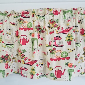Retro Kitchen 50s Vintage Kitchen Appliances Utensils Red Green  42&quot; Valance Curtain