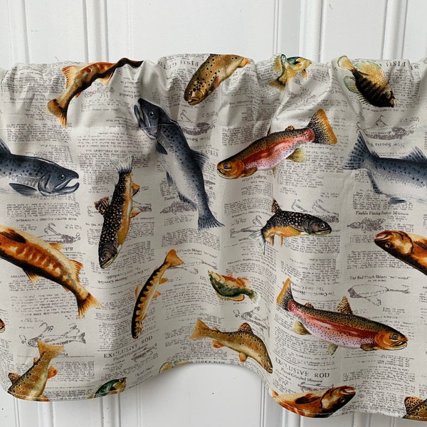 Fish Curtain Gift for Dad Lake Newspaper Print Window Treatment Lodge Den Rec Room Cabin Valance