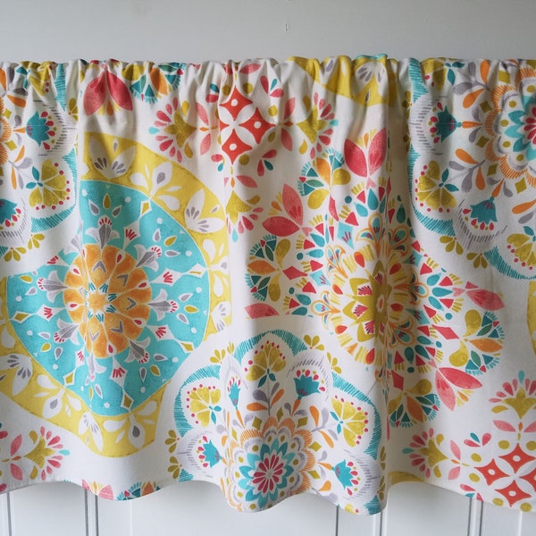 Catamarca Sunny. Festive. Spring. Burnt Orange. Flower. Print Light Blue. Coral. Lime Green. Red. Yellow. Tan 42" Valance Curtain