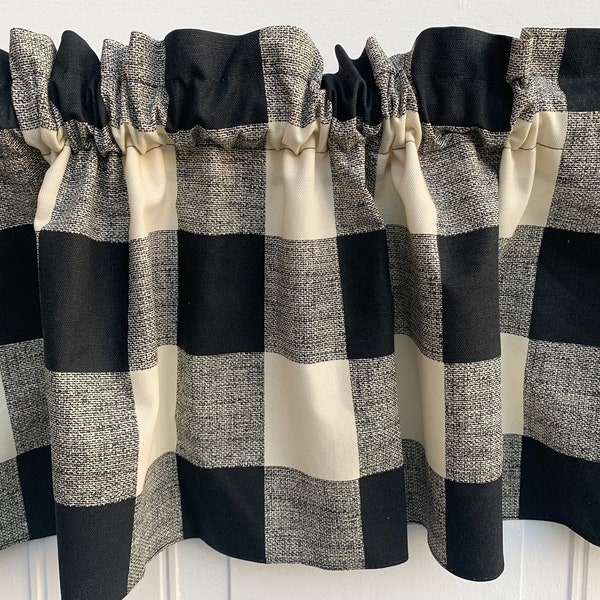 Buttermilk and Black Buffalo Check Kitchen Bathroom Panels Farmhouse 52" Valance Curtain Window Treatment Panel Black Plaid