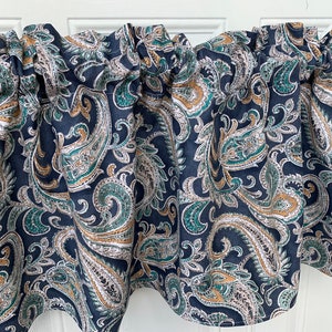 Paisley Valance Navy Blue Taupe Panels Pillows Wedding Runner Window Treatment Bathroom Bedroom  52&quot; Valance Curtain