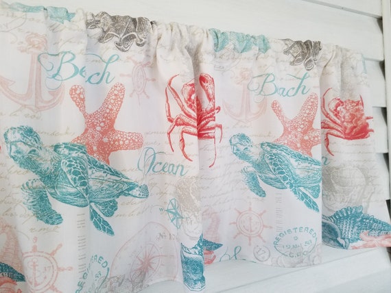 Beach House Nautical Blue Seashells Star Fish Curtain Valance
