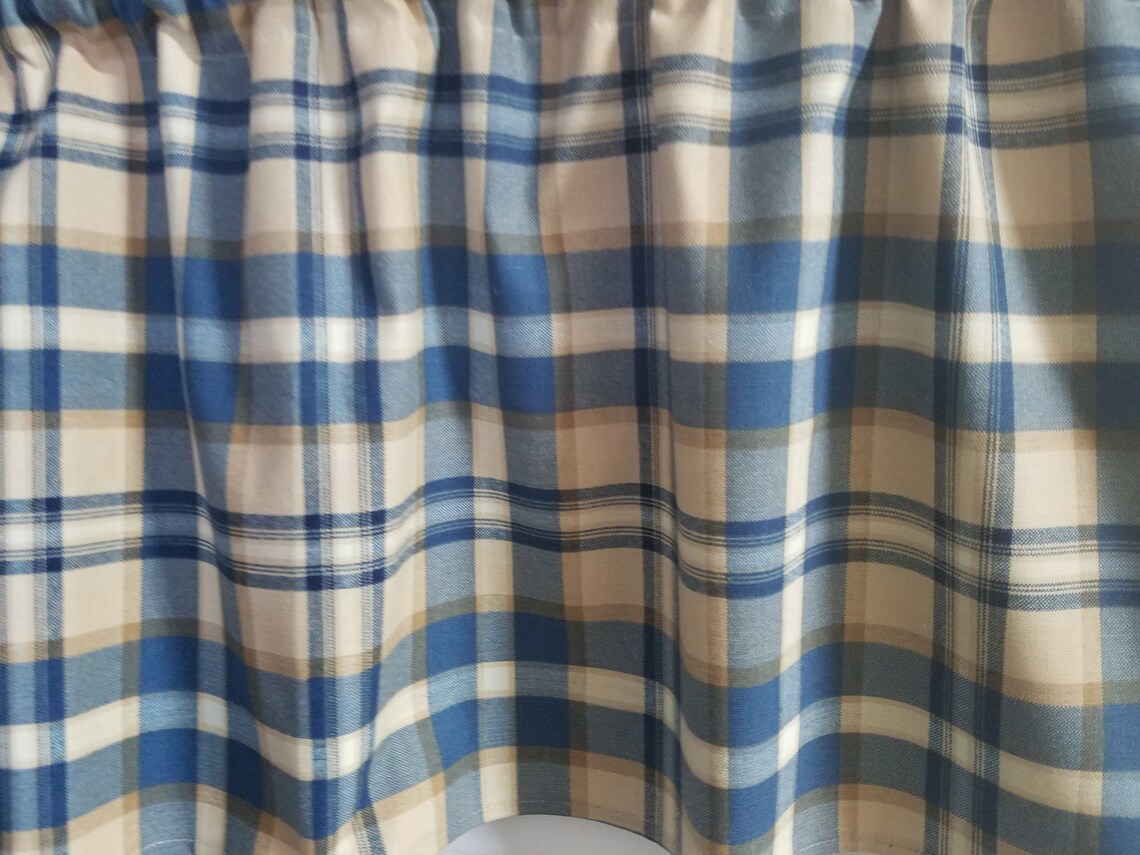 Ethan Indigo Blue Tan Plaid Curtain Bathroom Bedroom Valance - Etsy