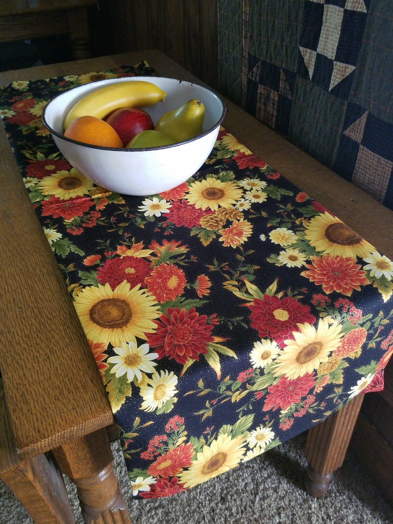 Seasonal Harvest Fall Sunflowers Daisy Red Yellow Cream Black background Table Runner Farmhouse 14W Table Runner