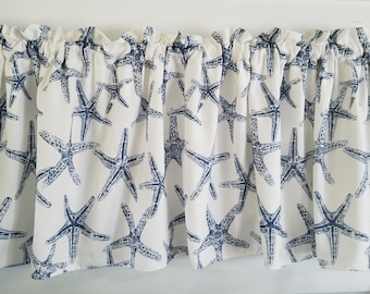 Starfish Nautical Curtain Sea Friends Navy Beach House Panels 52" Valance Curtain