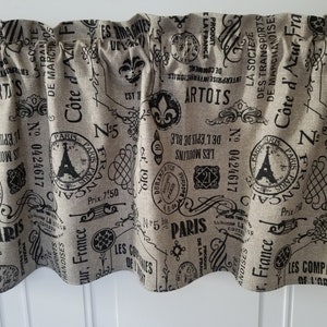 May include: A beige fabric valance with a black and white print of Parisian-themed text and images. The text includes "Côte d'Azur, France", "Paris", "Les Compagnies de l'Orient", and "Artois".
