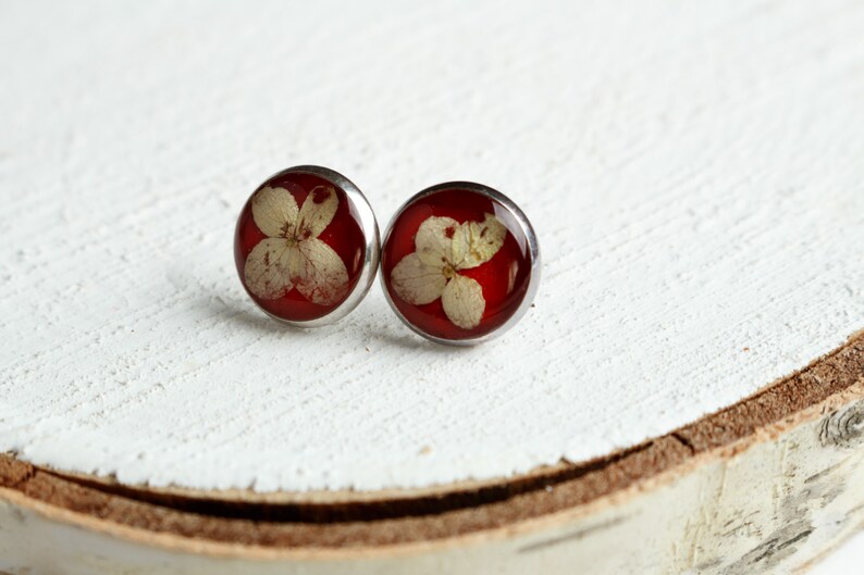 21st birthday gift for her terrarium earrings Black stud earrings real nature earrings red stud earrings dried flower gift
