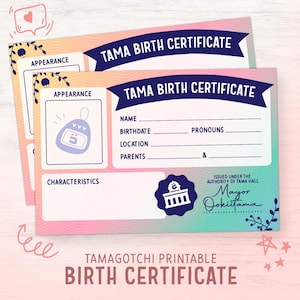 Geboorteakte Tamagotchi | Afdrukbaar certificaat voor virtueel huisdier | Afdrukbare Tamagotchi