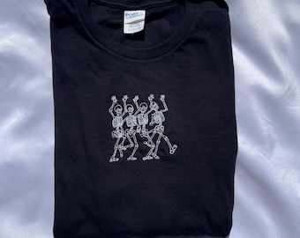 Skeleton Embroidered Shirt, Long Sleeve, Glow in the dark, Halloween Shirt, Dancing Skeletons, Gift for Skeleton Lover, Fall Shirt, Unisex