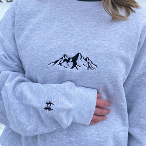 Mountain Embroidered Crewneck With Embroidered Sleeve, Nature Shirt, Mountain Shirt, Gift for Outdoors Lover, Skiing shirt, Hiking shirt