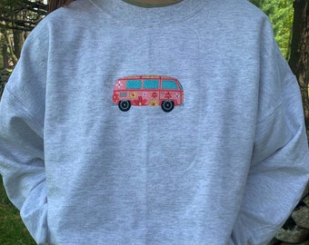 Flower Van Embroidered Crewneck, Boho Shirt, Hippie Shirt, Gifts for Hippies, 70s Shirt, 70s Bus, Gift for Her, Trendy Sweatshirt, Peace