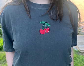 Cherry Embroidered T Shirt, Cherry shirt, Fruit Shirt, Fruit Embroidery, Comfort Colors, Summer Shirt, Gift for Her, Gardening gift, Beach T