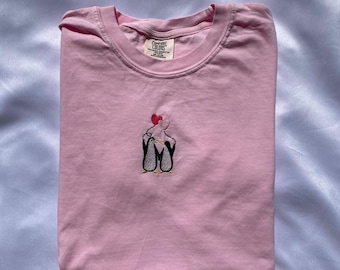 Penguins Embroidered T Shirt, Valentine's shirt, Gift for Her, Lover Penguins, Comfort Colors, Tee Shirt, Summer Shirt, Couple Shirt, Zoo