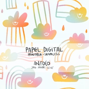 Puede incluir: Un patrón de papel digital sin costuras con nubes arcoíris con caras sonrientes, arcoíris y rayas verticales. El texto "Papel Digital Printable - Seamless Antoco JPEG - 300 DPI - 12x12" está incluido en el diseño.