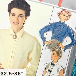 May include: A sewing pattern envelope labelled 4508 featuring illustrations of blouses. The package displays a cream-coloured long-sleeve blouse, a blue long-sleeve blouse with a tie neck, and a white sleeveless blouse. Text includes BUST 32.5-36" CUT COMPLETE.