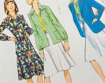 1970s Suit Pattern, Bust 36" Vintage Style Sewing Pattern for Women 1020, Jacket with Collar, Blouse, Skirt, Size 14