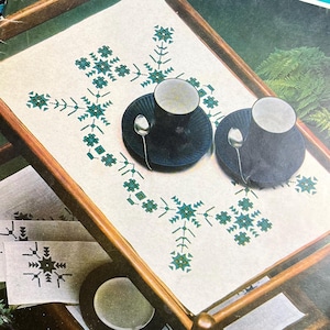 Può includere: Un libro vintage Coats Sewing Group Book No. 1066 intitolato Hardanger For Today. La copertina mostra un vassoio di legno con due tazze blu scuro e cucchiaini d'argento su un panno bianco con ricami verdi, accanto a tessuti ricamati piegati.