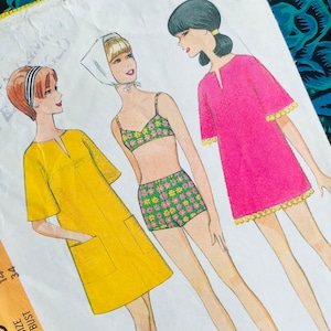 Bust 34&quot; Vintage 60s McCalls Sewing Pattern 8811, Ladies Retro Mod Bikini and Beach Cover Up Mini Dress, Shift, Boho Style Swimwear,