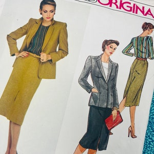 May include: Vintage Vogue Paris Original sewing pattern featuring Christian Dior designs. The illustrations depict women in tailored suits and skirts. The color palette includes shades of gold, gray, and black. The pattern includes a blazer, skirt, and top.