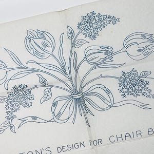 Könnte beinhalten: Ein weißer Stofftransferbogen mit einer blauen Strichzeichnung eines Blumenstraußes aus Tulpen und kleinen Blüten, die mit einem Band zusammengebunden sind. Der Text "DESIGN FOR CHAIR BACK" ist unten auf dem Bogen in Blau aufgedruckt.