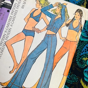 Bust 32.5&quot; Vintage Uncut 70s McCalls 3586 Sewing Pattern, Bra, Bikini Top and Bottons, Swimsuit, Jacket, Flared Pants, Cropped Pants, 10