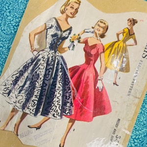 Büste 38&quot; Vintage 50s McCalls Schnittmuster 3434, Damen Fit and Flare Swing Kleid mit weitem Ausschnitt und ausgestelltem Rock, 1950er Party&quot;