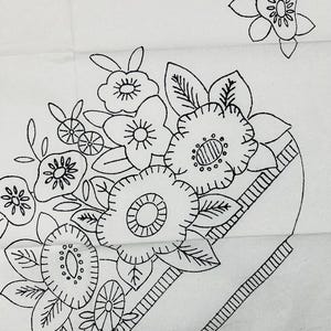 May include: A white iron-on embroidery transfer sheet featuring black line art of a floral bouquet in a basket. The design includes various stylized flowers and leaves. The text WEBCO HEAVY LINE TRANSFER is printed in the bottom right corner.