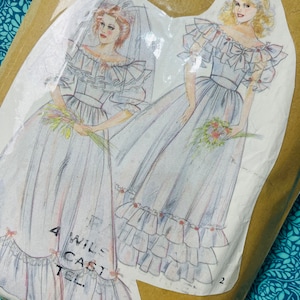 Borstomvang 31,5-40&quot; vintage jaren 80 nieuwe look naaipatroon 6203, romantische historische trouwjurk, off-shoulder ruche halslijn, pofmouwen lagen