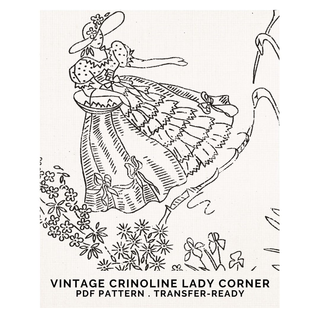 Vintage Hand Embroidery Pattern PDF – 1930s Crinoline Lady Corner, Swan ...