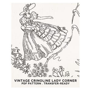 Vintage Hand Embroidery Pattern PDF – 1930s Crinoline Lady Corner, Swan Pond Design for Tablecloths & Linens, Printable Transfer Motif