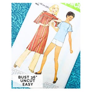Uncut Vintage 1970s Simplicity Sewing Pattern for Women 8071, Tie Shoulder Boho Boxy Tunic or Top & Hotpants, Bust 36"