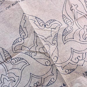 May include: Close-up of a vintage sewing pattern with a floral design. The pattern is printed in dark blue ink on a light beige paper. The text "CUT ALONG HERE" is visible, along with the text "NEEDLEWOMAN AND NEEDLECRAFT".