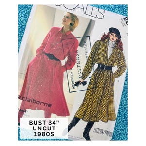 May include: Vintage sewing pattern with illustrations of two women's outfits. One is a red dress, the other a yellow plaid dress. The pattern is labelled "BUST 34" UNCUT 1980S" (86 cm).