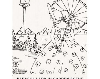 Hand Embroidery Pattern PDF- Vintage Parasol Crinoline Lady, 1930s Garden Scene, Printable Transfer-Ready Line Art, Instant Download