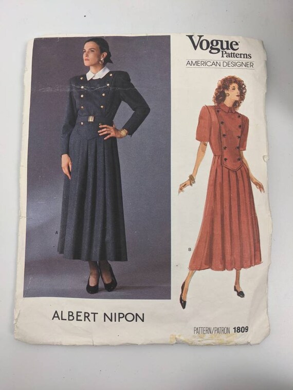 Vintage 80s Vogue American Designer pattern 1889 Albert Nipon lined above ankle loose blouson shirt dress with shoulder pads pleated skirt